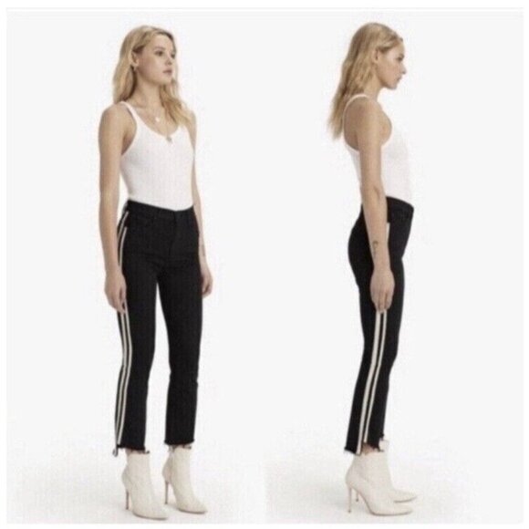 Mother Jeans Size 24 Insider Crop Step Fray Guilty Racer Black Stripe Revolve - Picture 1 of 11